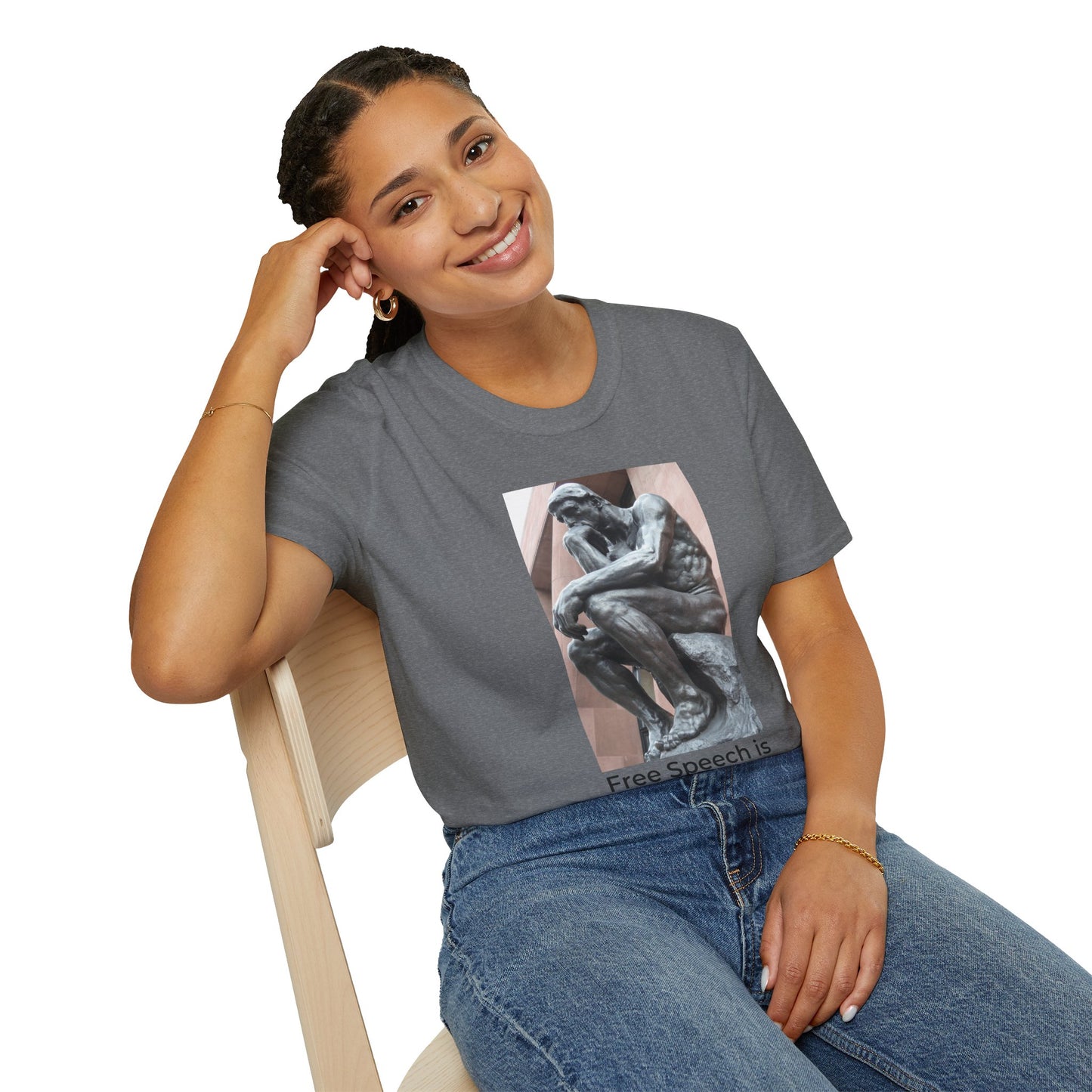 The Thinker Free Speech T-Shirt – Free Thought First Amendment Tee – Profile View – Graphite Heather