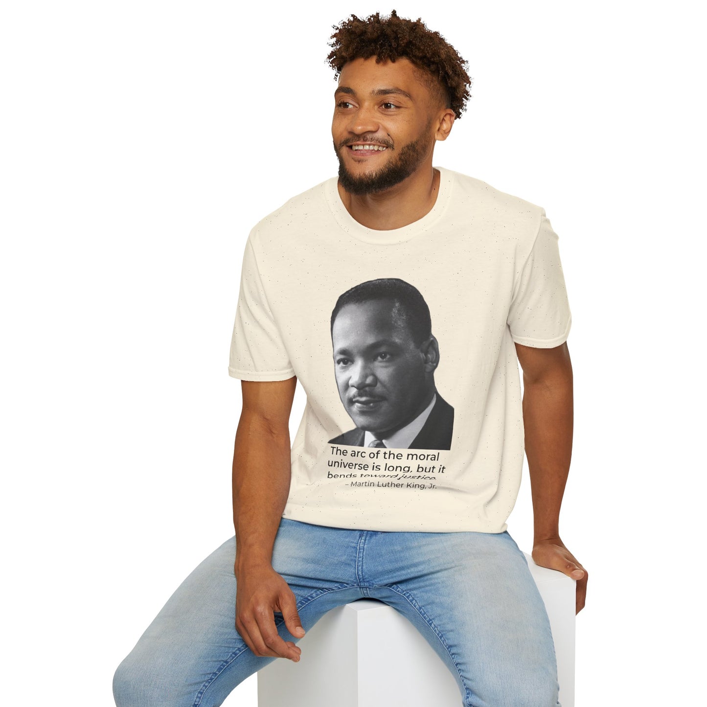 Martin Luther King Jr. Moral Arc Quote Tee – Justice Portrait Shirt (Natural)