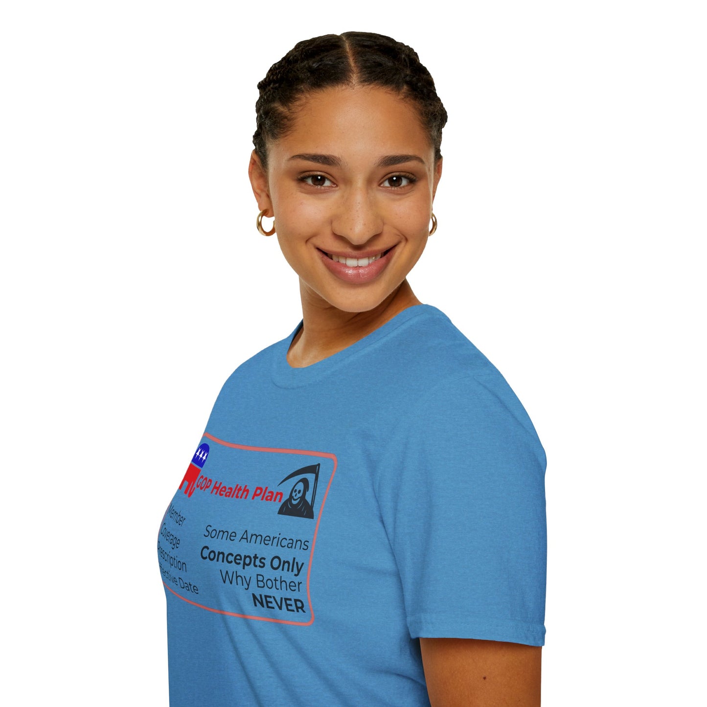 Political Health Plan Satire Insurance Card T-Shirt – Heather Sapphire