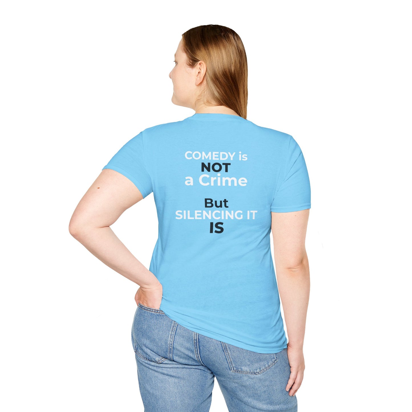 Stephen Colbert Shirt – Comedy Is Not a Crime Political T-Shirt — Sky Blue
