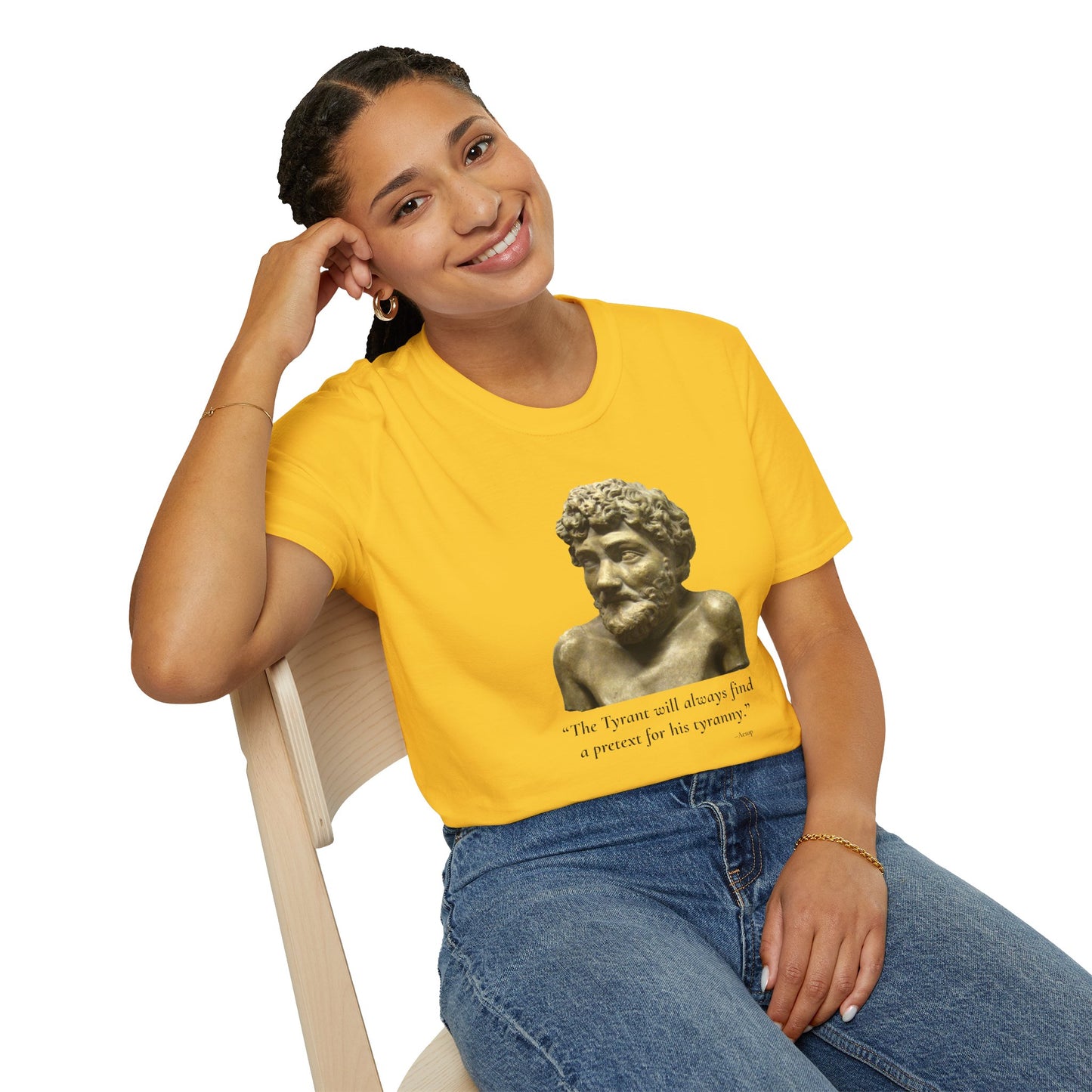 The Tyrant’s Pretext T-Shirt – Aesop Quote Front & Fake Emergencies Back – Yellow edition