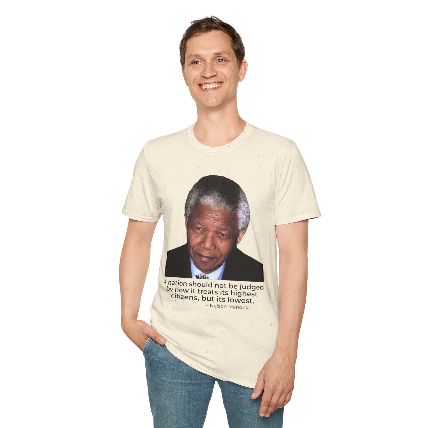 Nelson Mandela Justice Quote T-Shirt – A Nation Is Judged by Its Lowest (Natural)