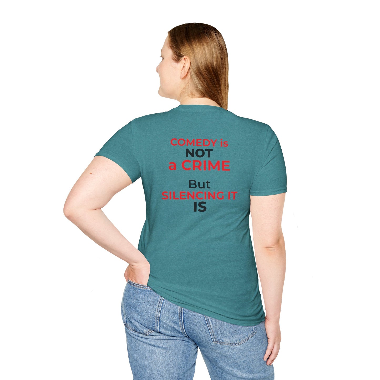 Comedy Is Not a Crime – Silencing It Is – Jimmy Kimmel Tee – Heather Galapagos Blue