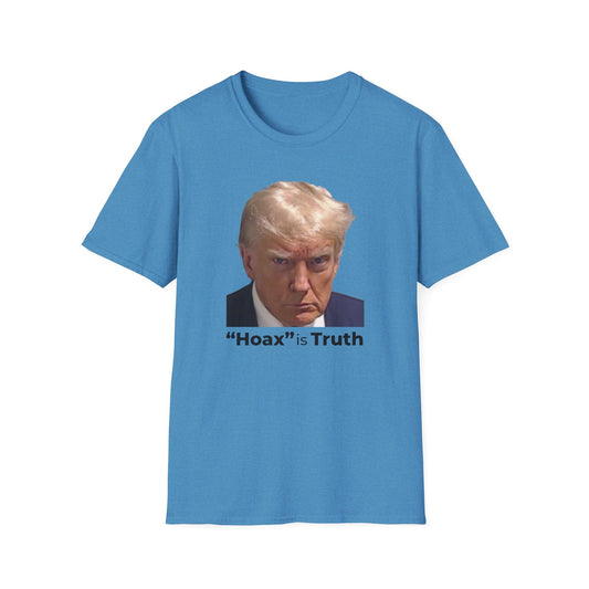 “Hoax” is Truth – Two-Sided Political Statement T-Shirt – Heather Sapphire
