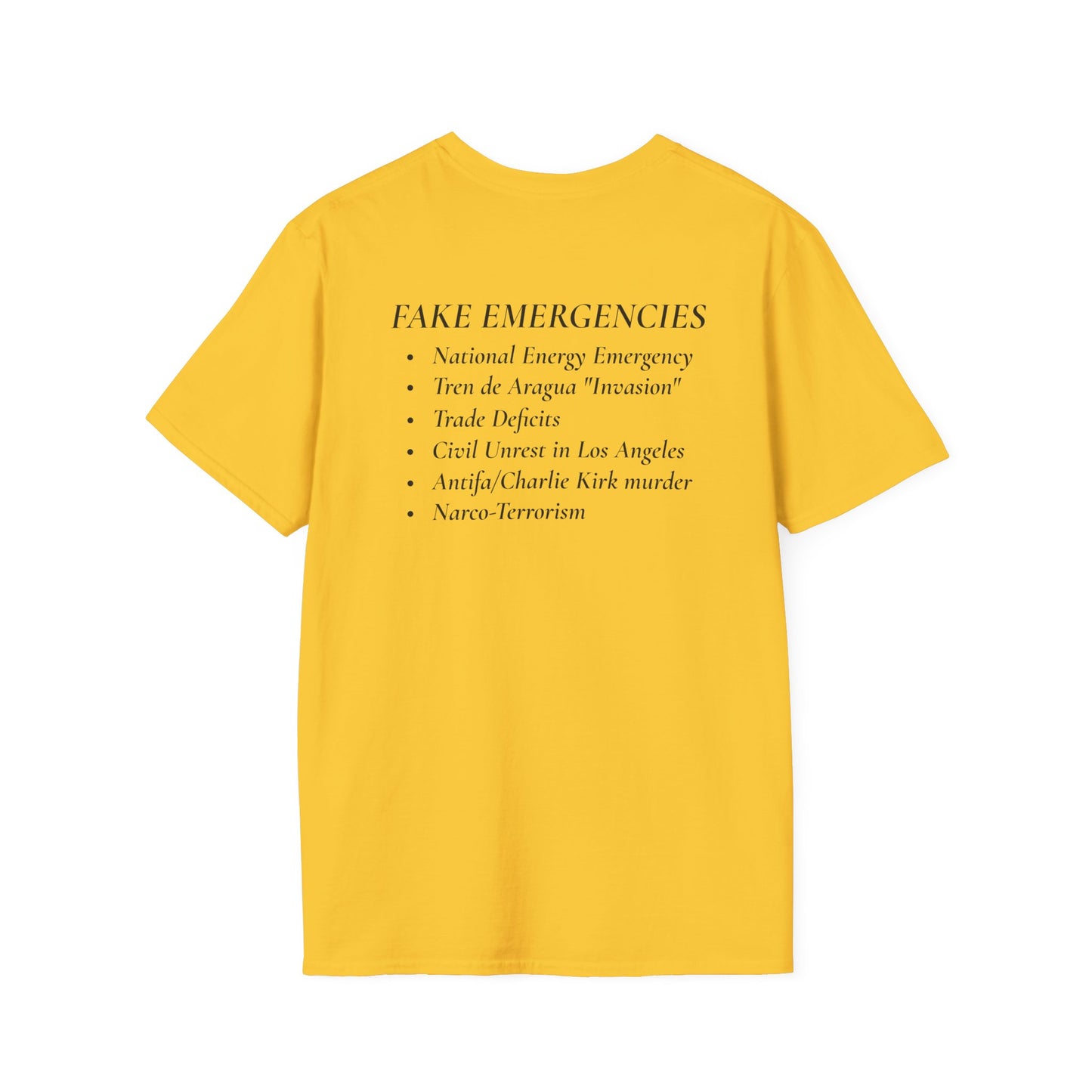 The Tyrant’s Pretext T-Shirt – Aesop Quote Front & Fake Emergencies Back – Yellow edition