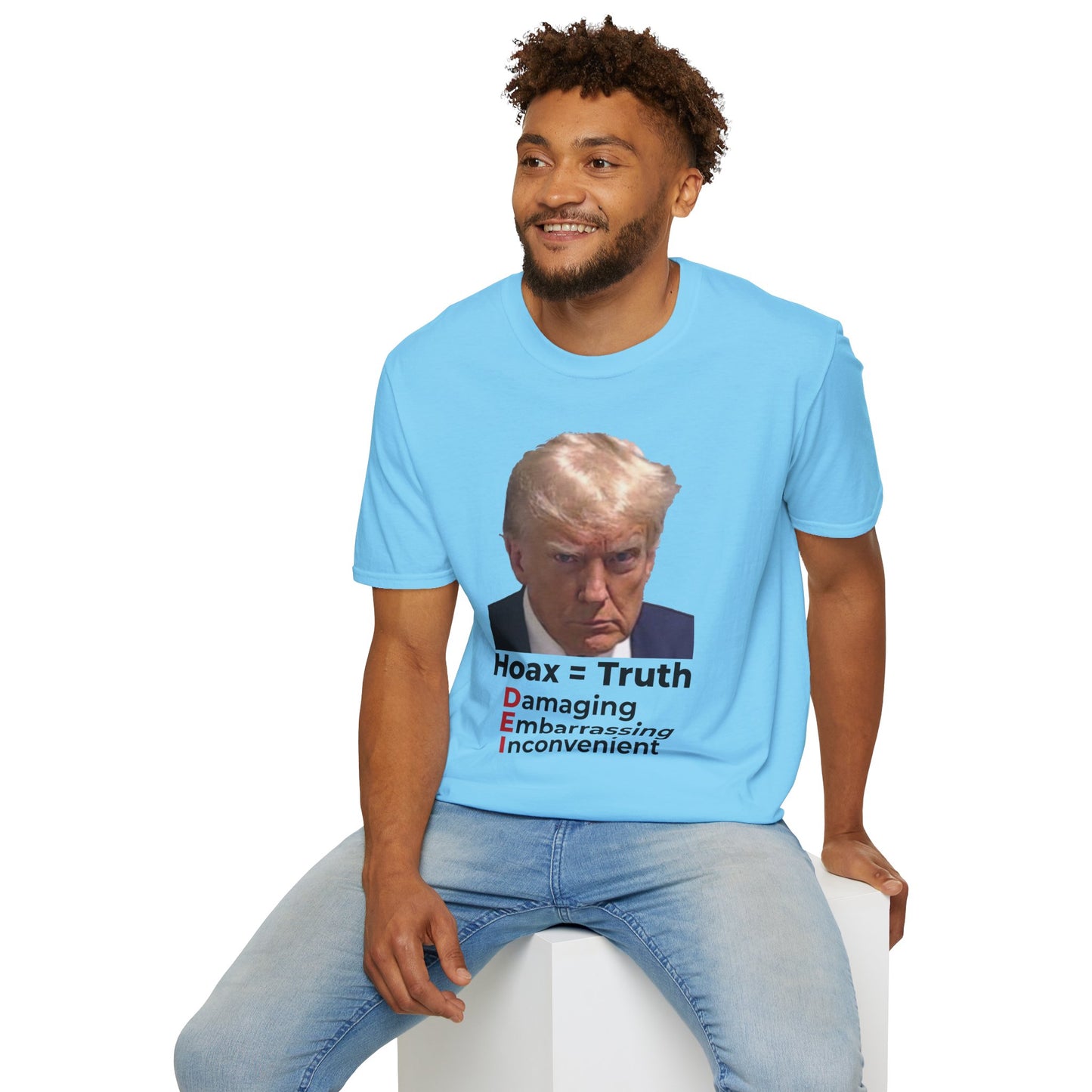 Hoax = Truth – Damaging, Embarrassing, Inconvenient Evidence Tee–Sky Blue Edition