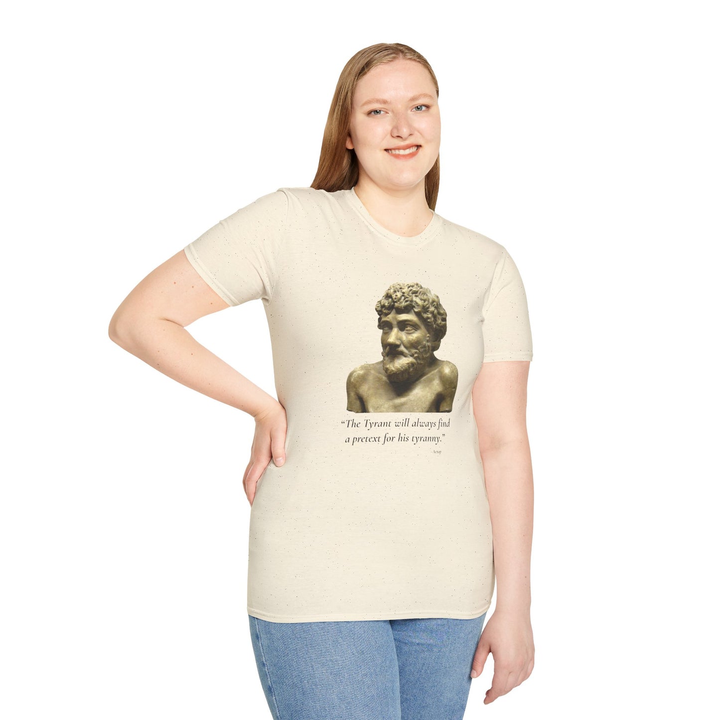 Two-Sided Tyranny Quote T-Shirt – Aesop Front / Crisis Pretexts Back – Natural