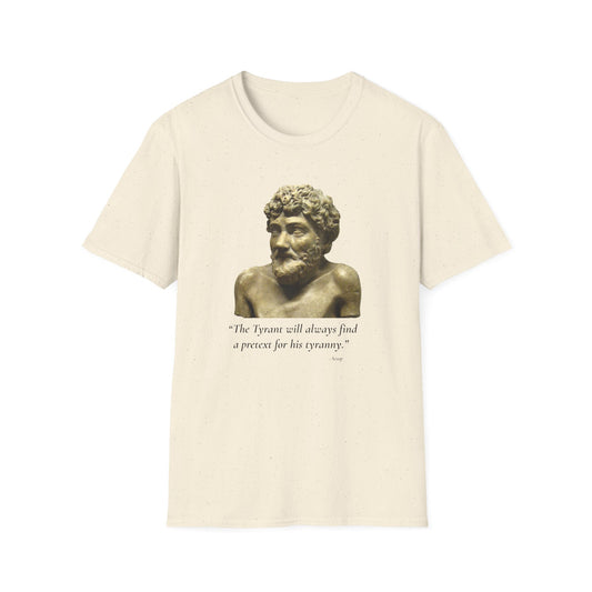 Two-Sided Tyranny Quote T-Shirt – Aesop Front / Crisis Pretexts Back – Natural