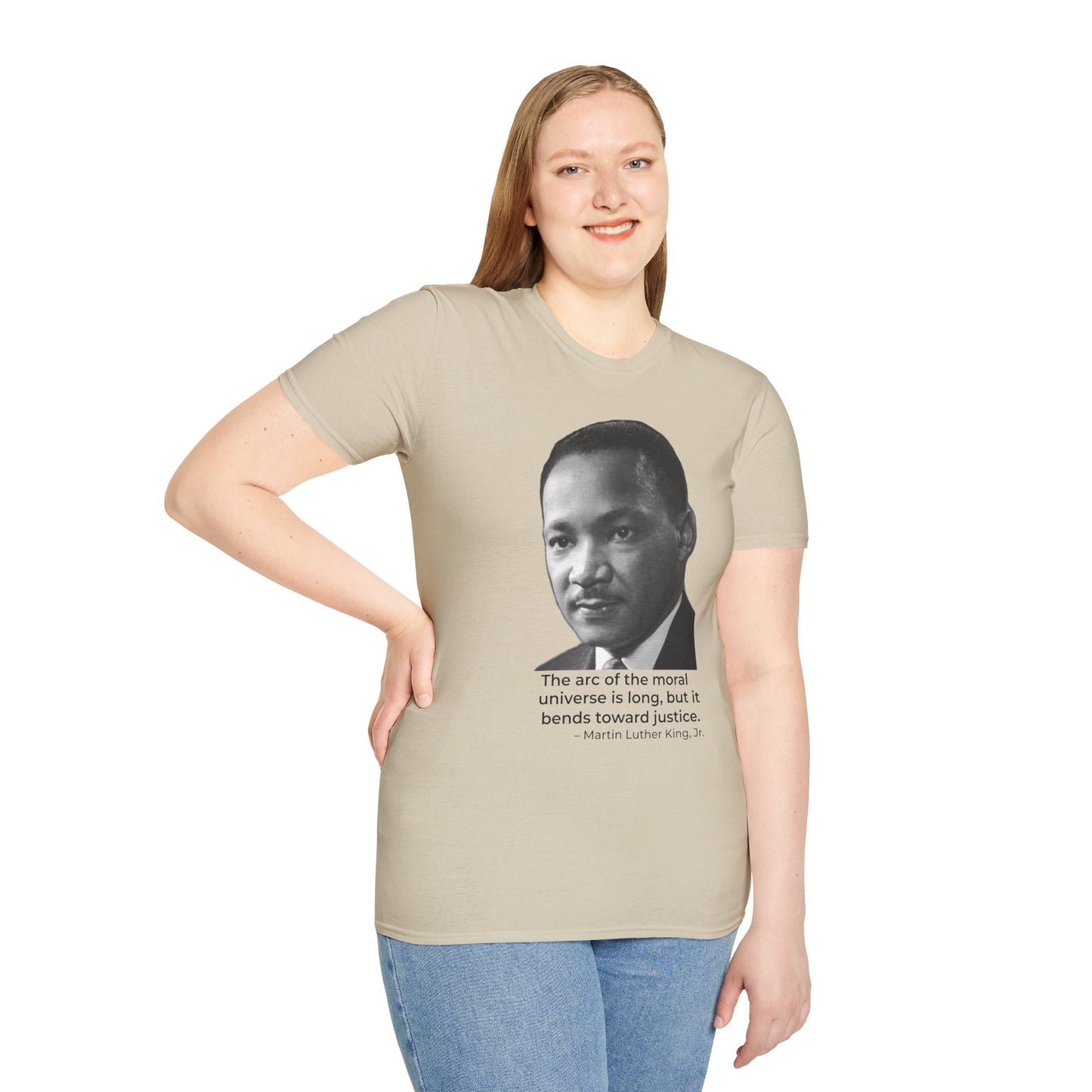 Martin Luther King Jr. Moral Arc Quote Tee – Justice Portrait Shirt (Sand)