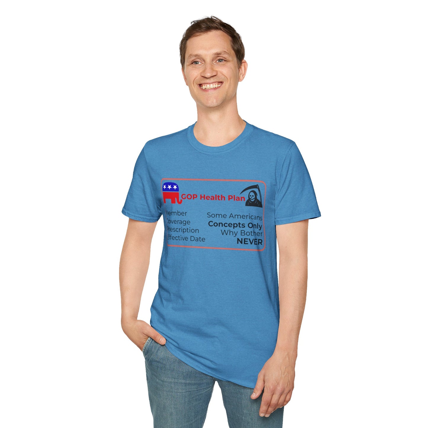 Political Health Plan Satire Insurance Card T-Shirt – Heather Sapphire