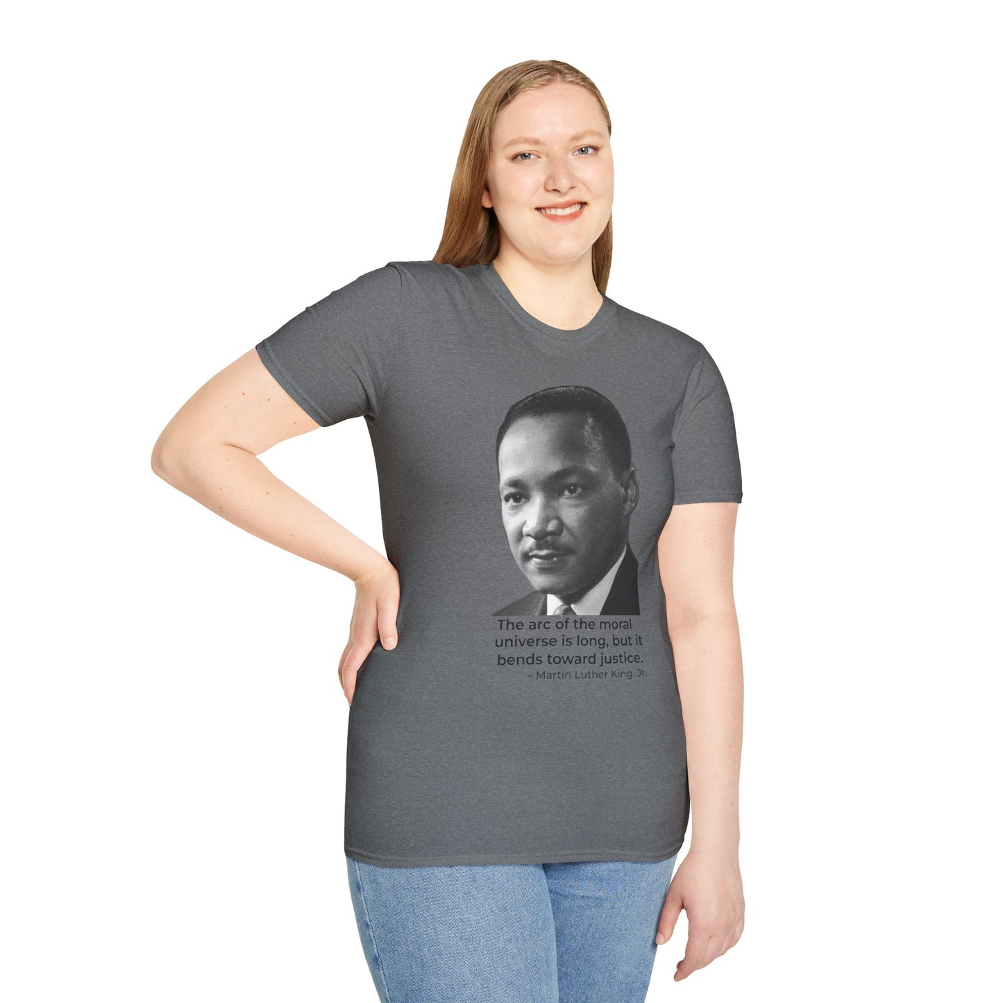 Martin Luther King Jr. Moral Arc Quote Tee – Justice Portrait Shirt (Graphite Heather)