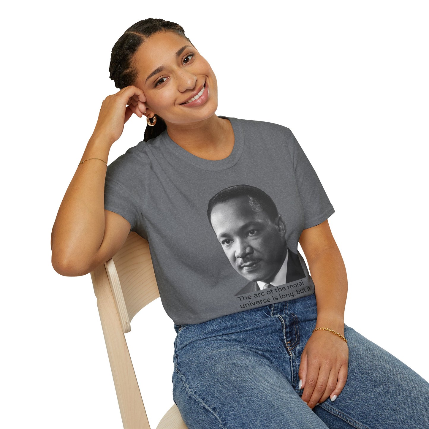 Martin Luther King Jr. Moral Arc Quote Tee – Justice Portrait Shirt (Graphite Heather)