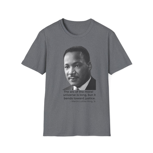 Martin Luther King Jr. Moral Arc Quote Tee – Justice Portrait Shirt (Graphite Heather)