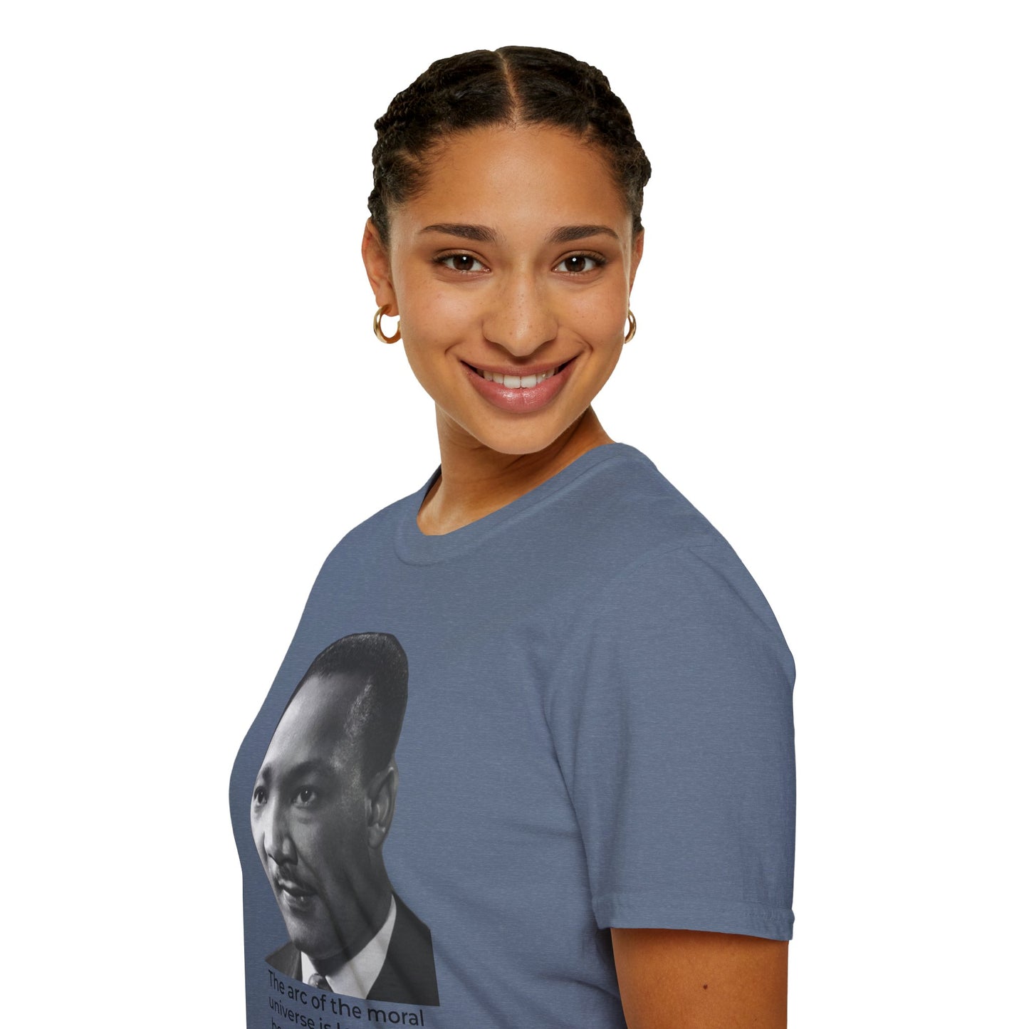 Martin Luther King Jr. Moral Arc Quote Tee – Justice Portrait Shirt (Heather Indigo)