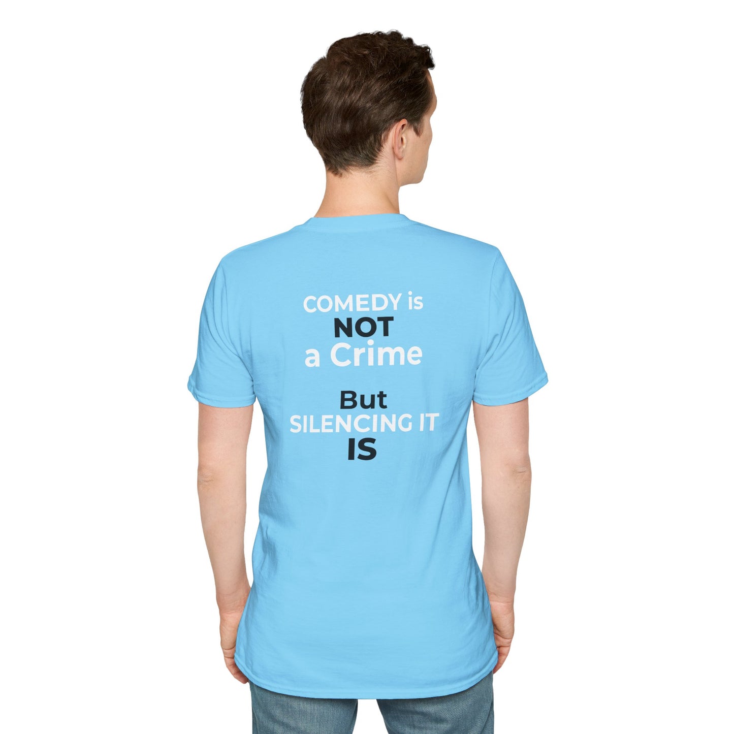 Stephen Colbert Shirt – Comedy Is Not a Crime Political T-Shirt — Sky Blue