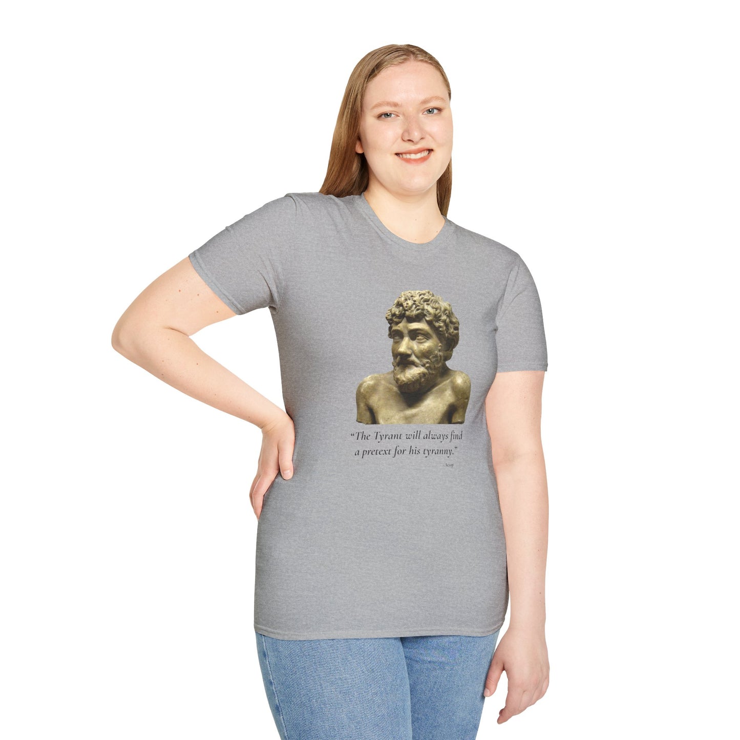 Tyranny Quote T-Shirt – “The Tyrant Will Always Find a Pretext for His Tyranny” – Aesop – Sport Grey