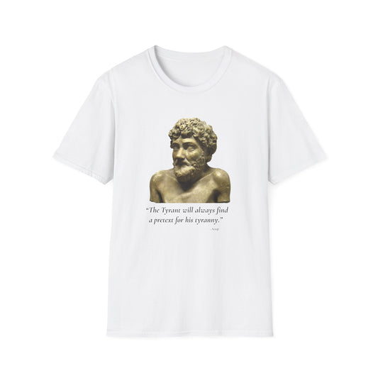 The Tyrant’s Pretext T-Shirt – Aesop Quote Front & Fake Emergencies Back
