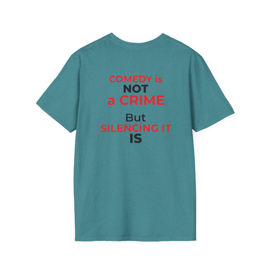 Comedy Is Not a Crime HEATHER GALAPAGOS BLUE – Silencing It Is | Jimmy Kimmel Free Speech T-Shirt