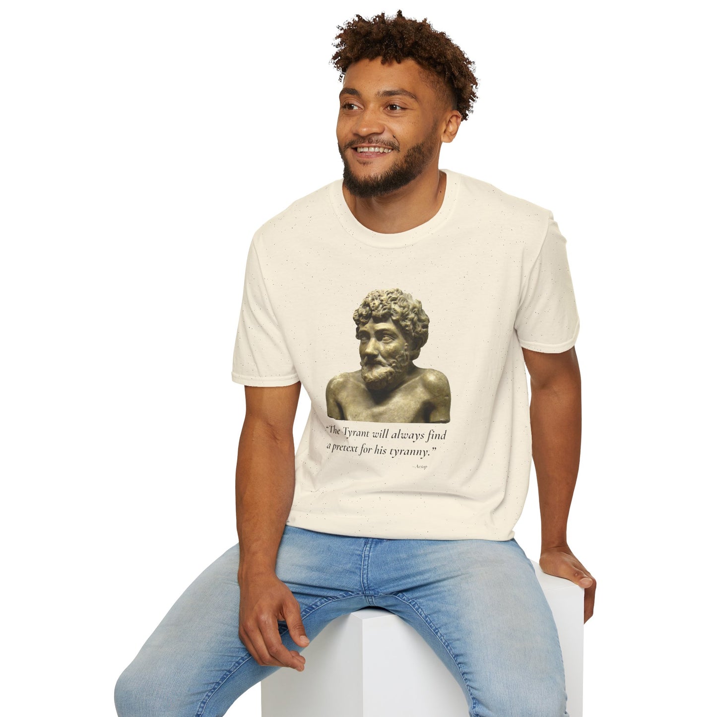 Two-Sided Tyranny Quote T-Shirt – Aesop Front / Crisis Pretexts Back – Natural