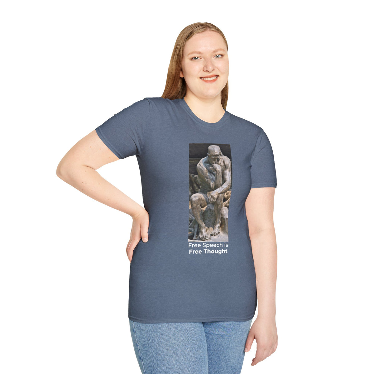 The Thinker Free Speech T-Shirt – Free Thought First Amendment Tee – Classic View – Heather Indigo