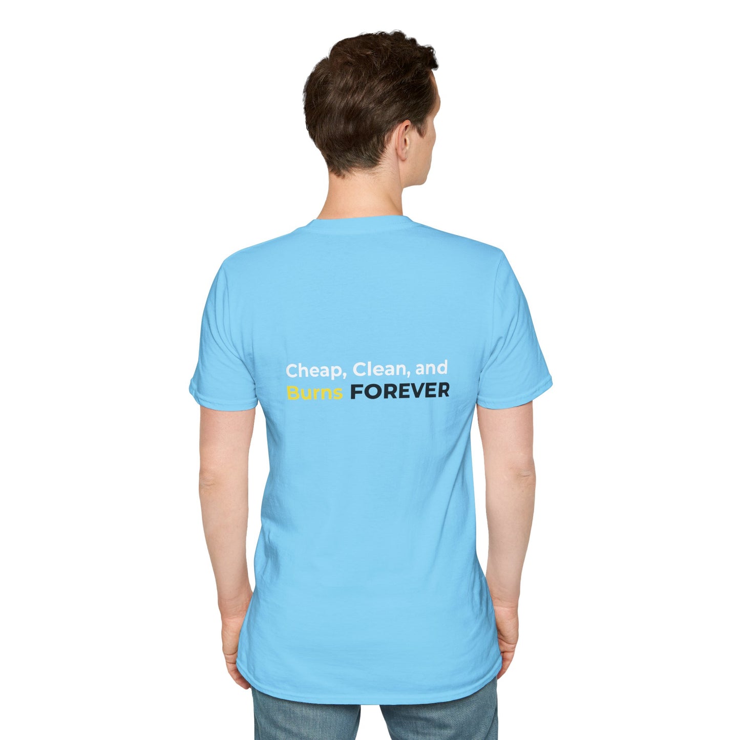 Cheap, Clean, and Burns Forever Sun T-Shirt | Sky Blue Solar Power Tee