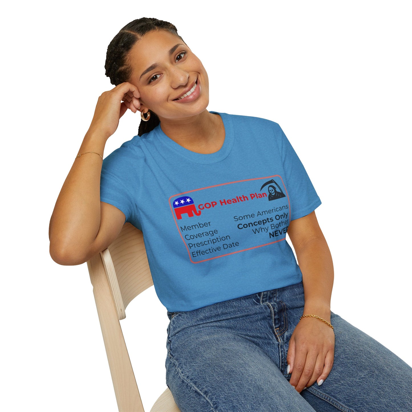 Political Health Plan Satire Insurance Card T-Shirt – Heather Sapphire