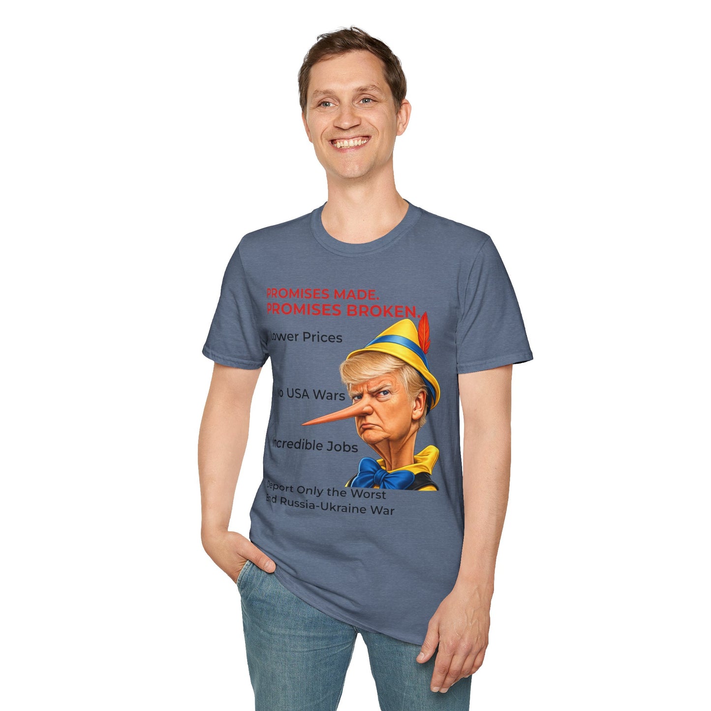 Trump Pinocchio Shirt – Promises Made Promises Broken Political Tee – Heather Indigo