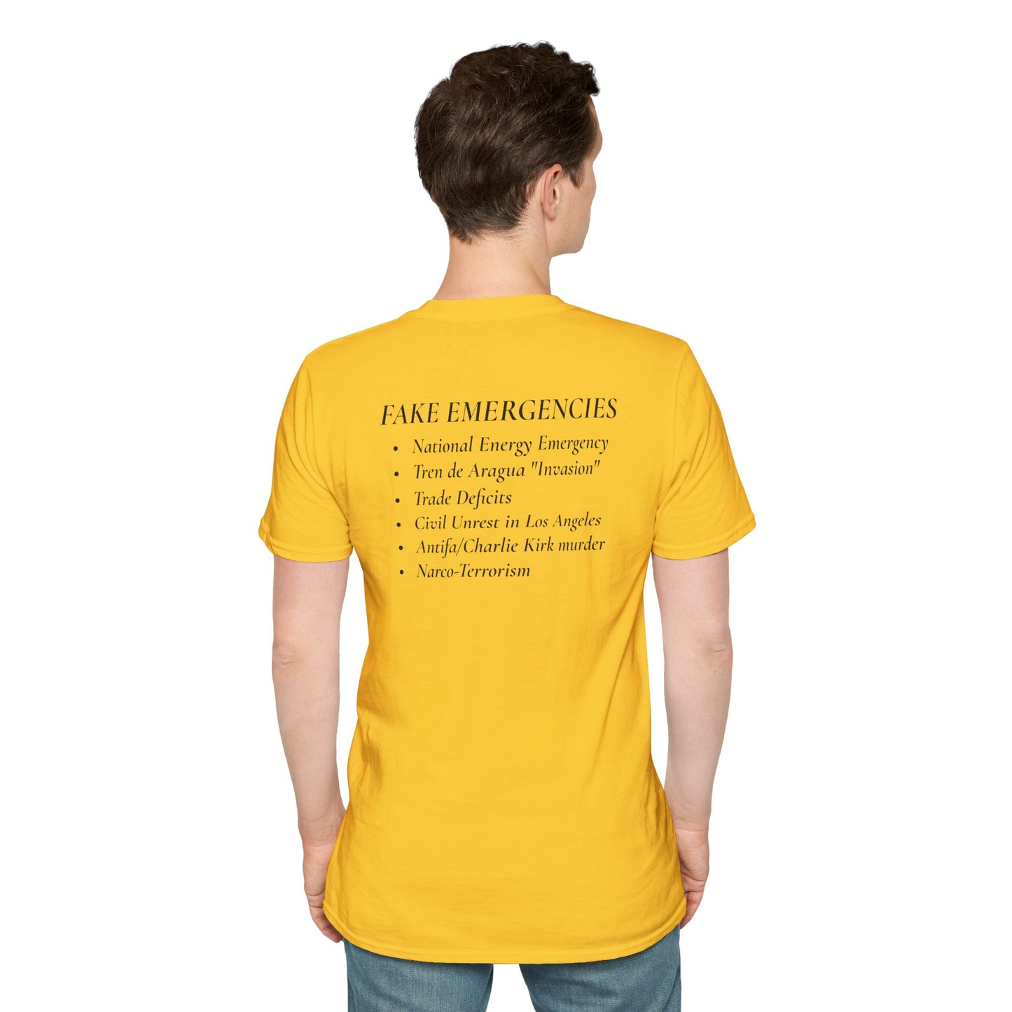 The Tyrant’s Pretext T-Shirt – Aesop Quote Front & Fake Emergencies Back – Yellow edition