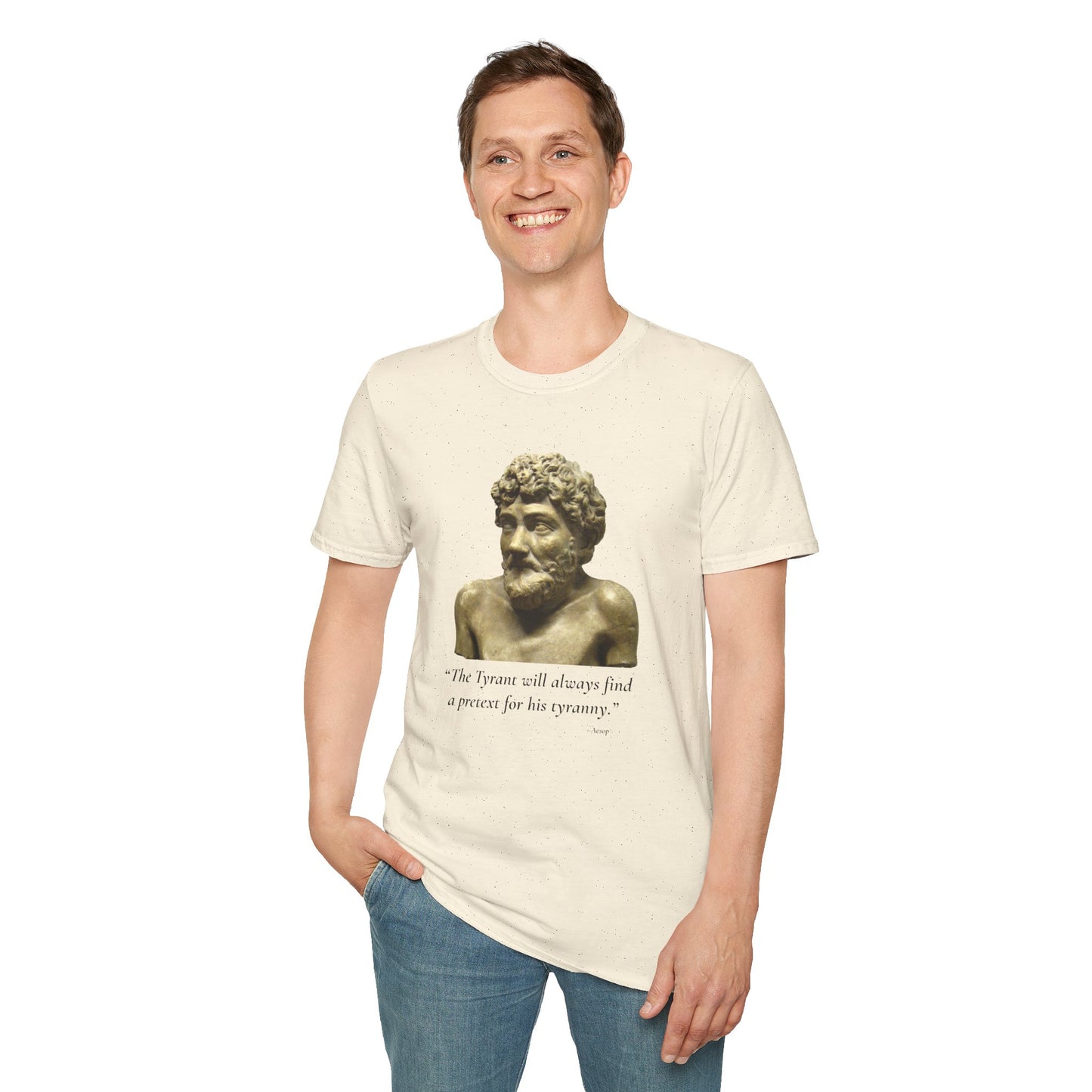 Two-Sided Tyranny Quote T-Shirt – Aesop Front / Crisis Pretexts Back – Natural