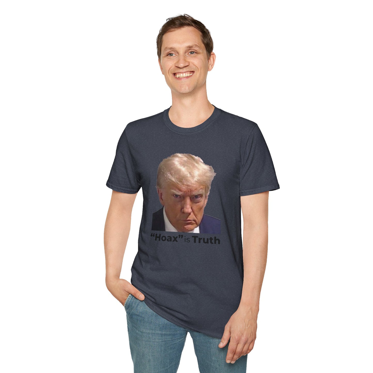 “Hoax” is Truth – Two-Sided Political Statement T-Shirt – Heather Navy