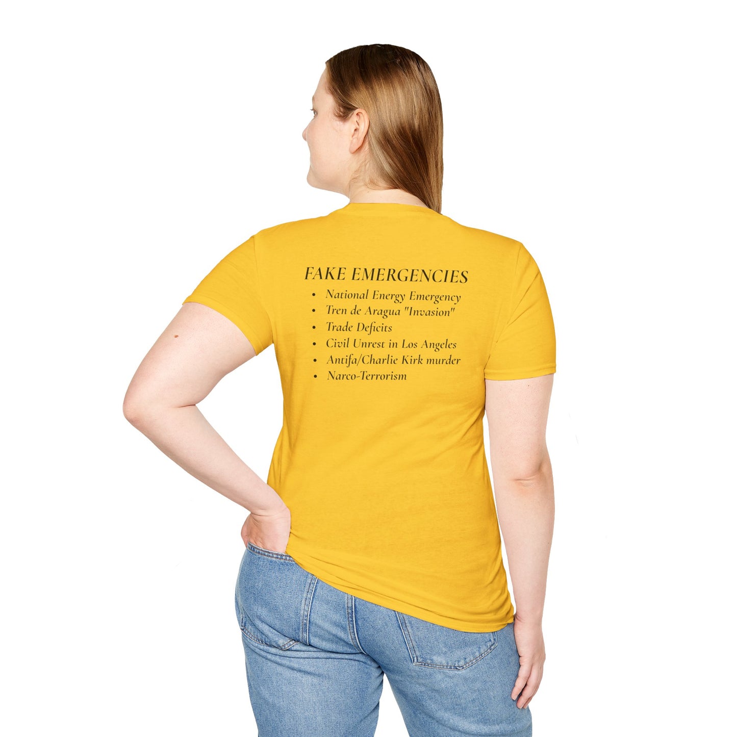 The Tyrant’s Pretext T-Shirt – Aesop Quote Front & Fake Emergencies Back – Yellow edition