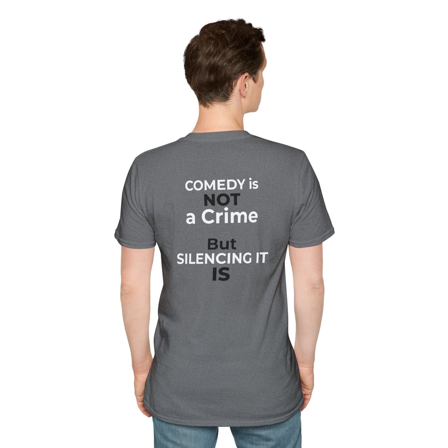 Stephen Colbert Shirt – Comedy Is Not a Crime Political T-Shirt — Graphite Heather