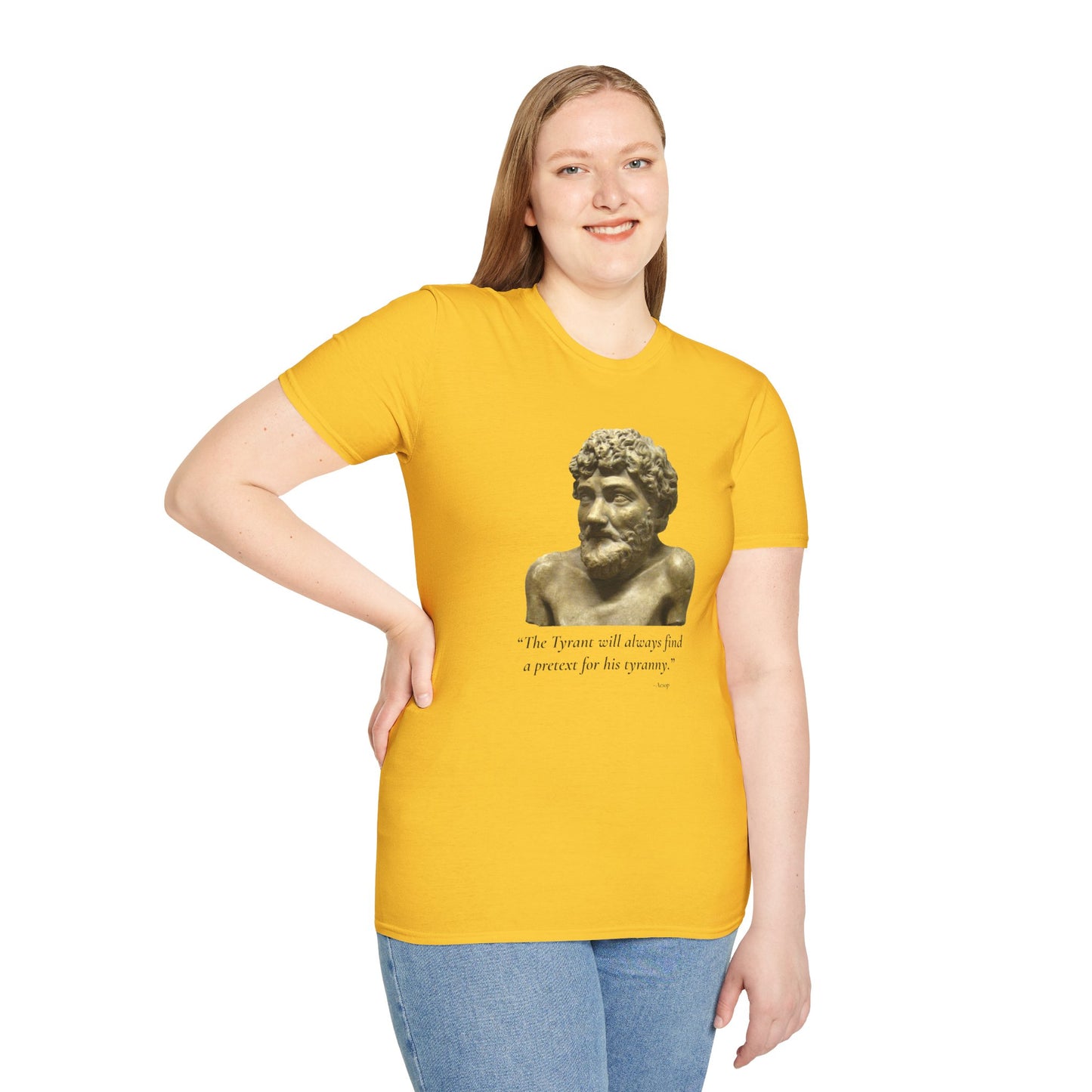 The Tyrant’s Pretext T-Shirt – Aesop Quote Front & Fake Emergencies Back – Yellow edition
