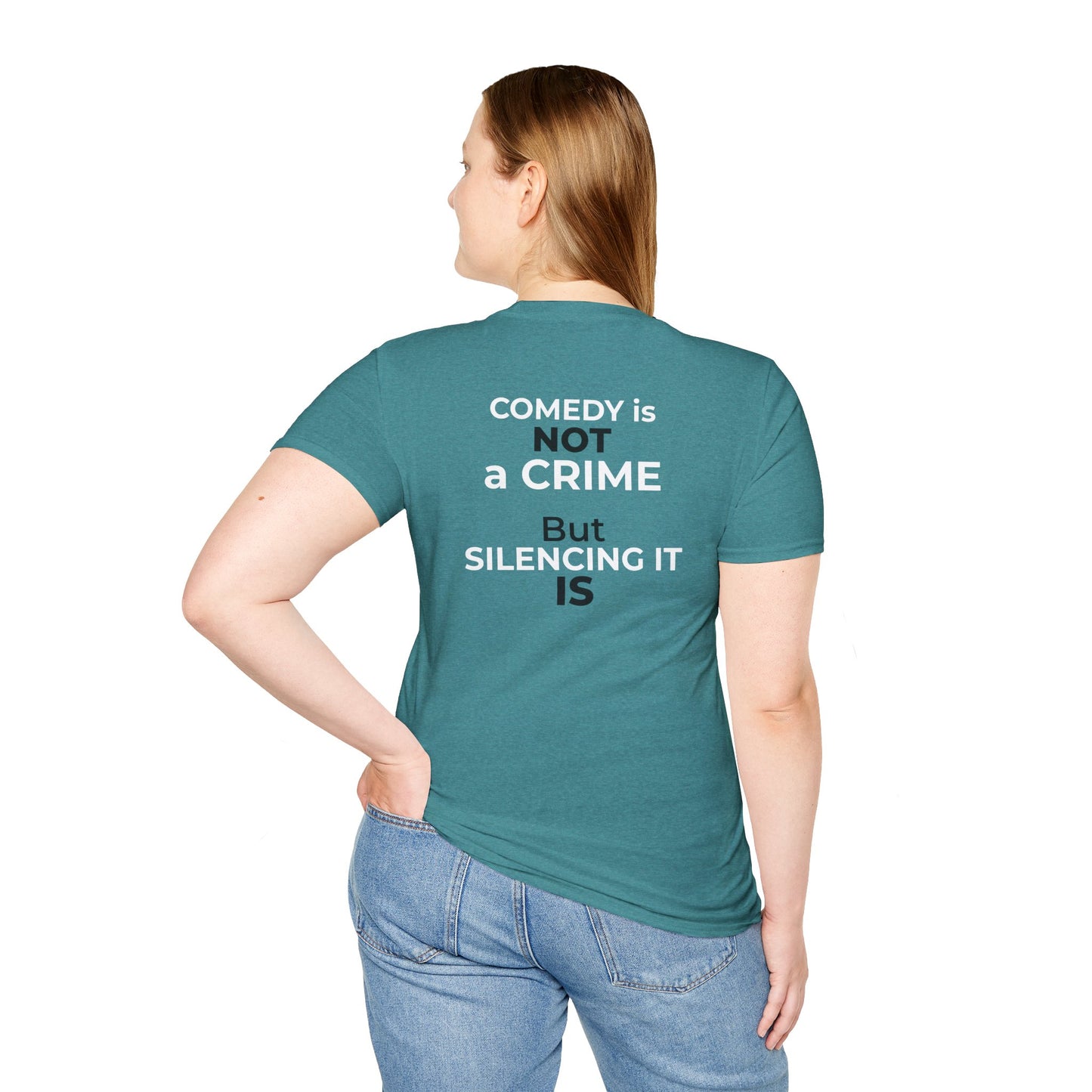 Comedy Is Not a Crime T-Shirt – Jimmy Kimmel Free Speech Protest Tee – Heather Galapagos Blue