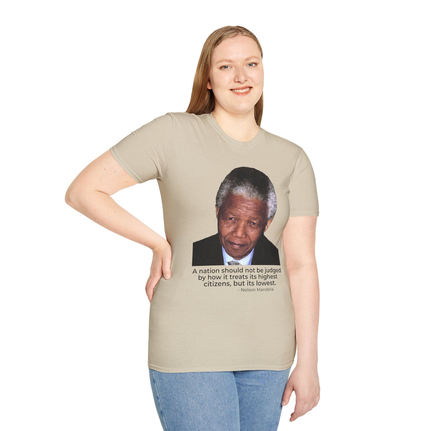 Nelson Mandela Justice Quote T-Shirt – A Nation Is Judged by Its Lowest (Sand)