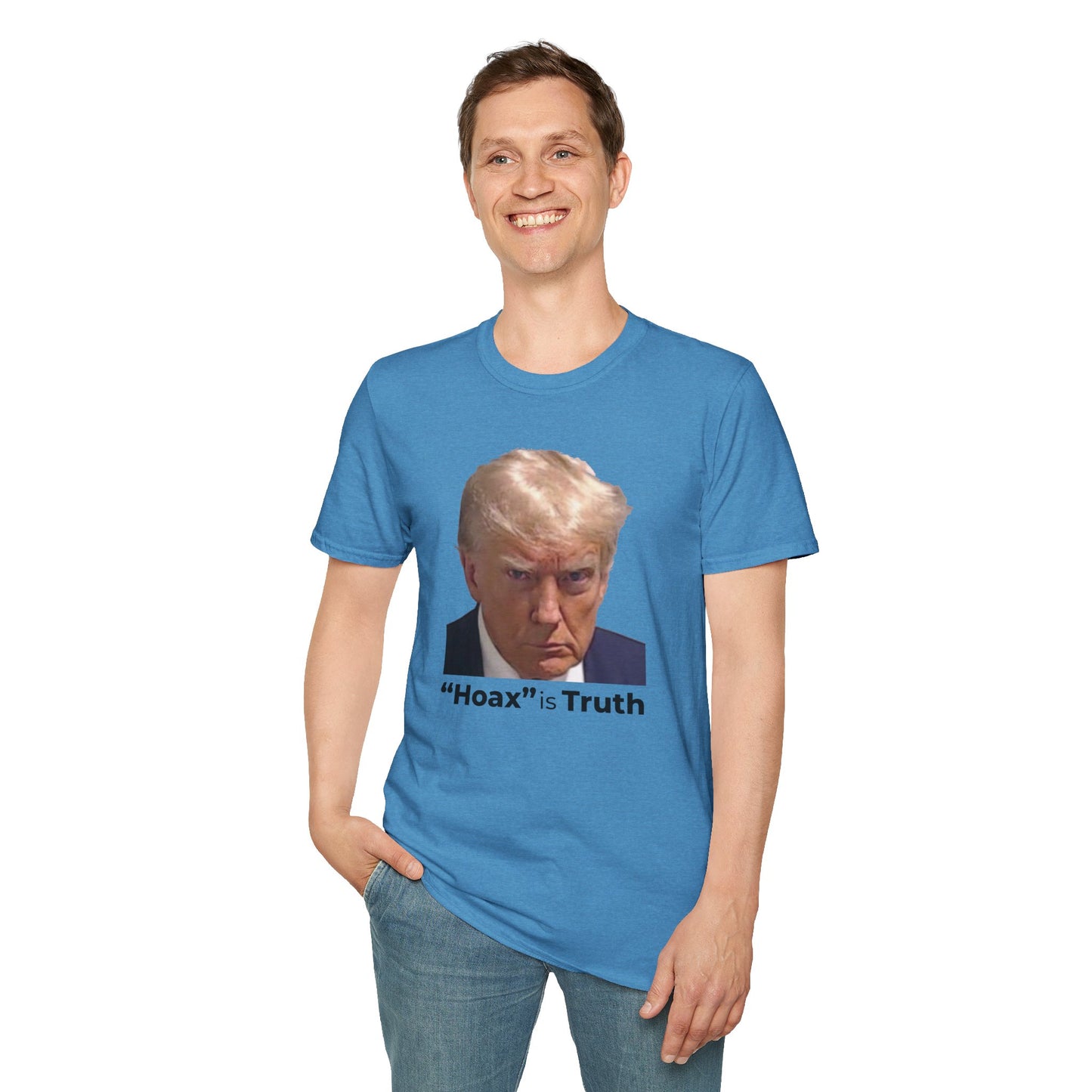 “Hoax” is Truth – Two-Sided Political Statement T-Shirt – Heather Sapphire