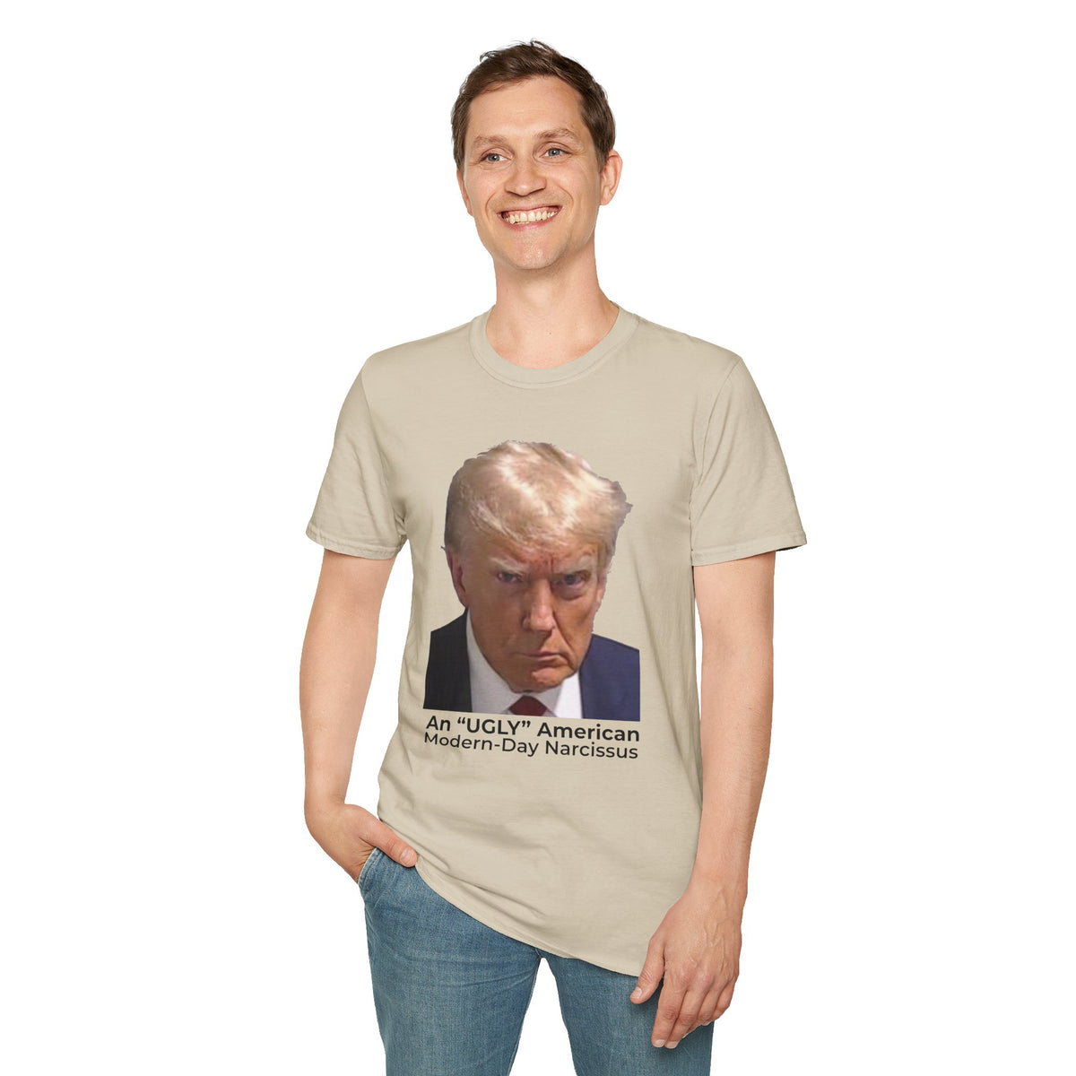 An Ugly American & Modern-Day Narcissus T-Shirt – Two-Sided Political Satire Tee – Sand