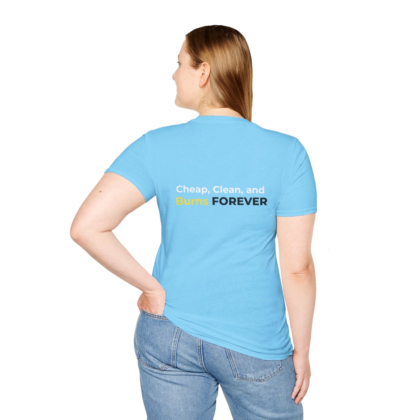 Cheap, Clean, and Burns Forever Sun T-Shirt | Sky Blue Solar Power Tee