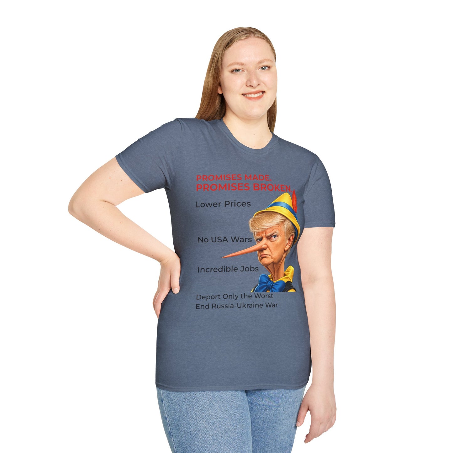 Trump Pinocchio Shirt – Promises Made Promises Broken Political Tee – Heather Indigo
