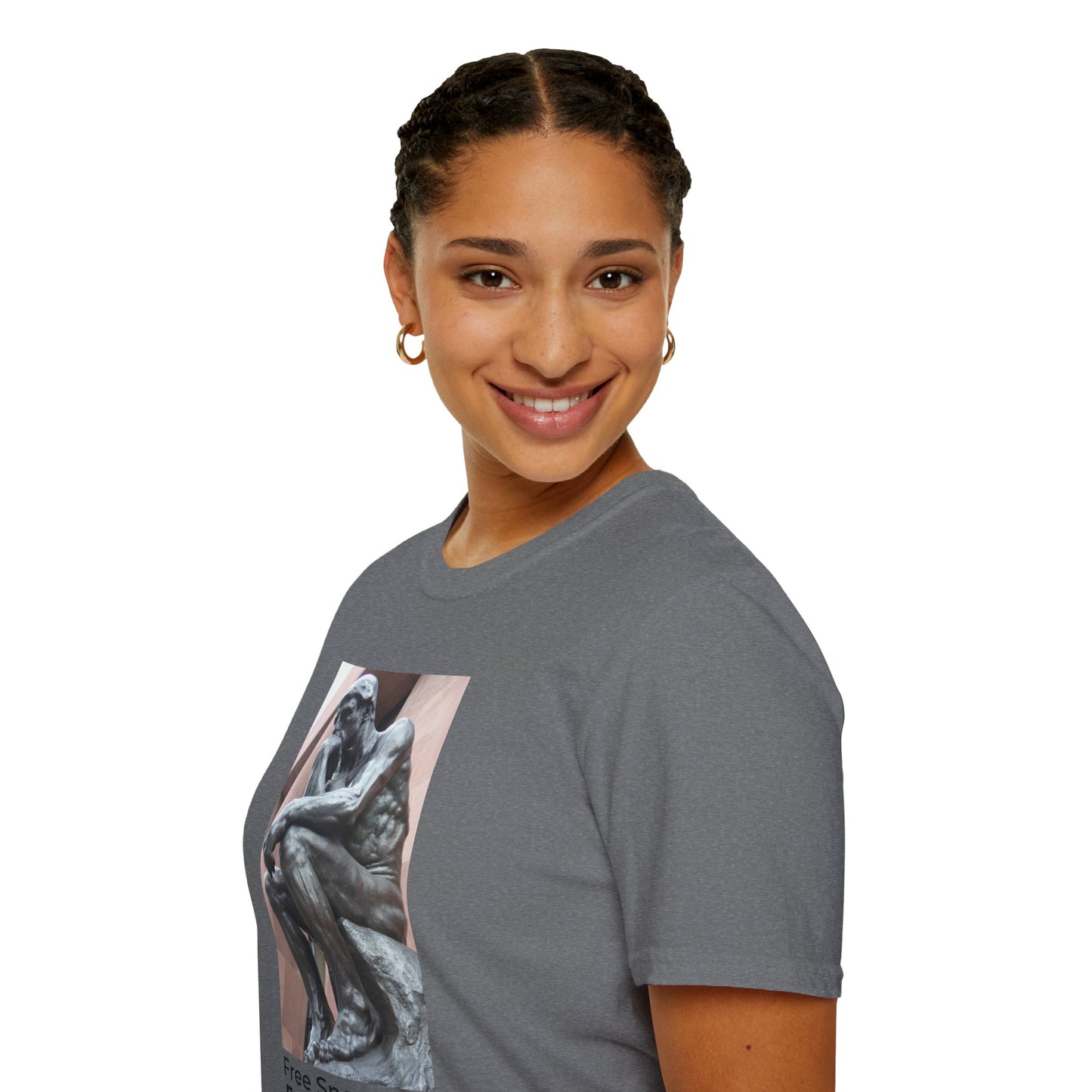 The Thinker Free Speech T-Shirt – Free Thought First Amendment Tee – Profile View – Graphite Heather