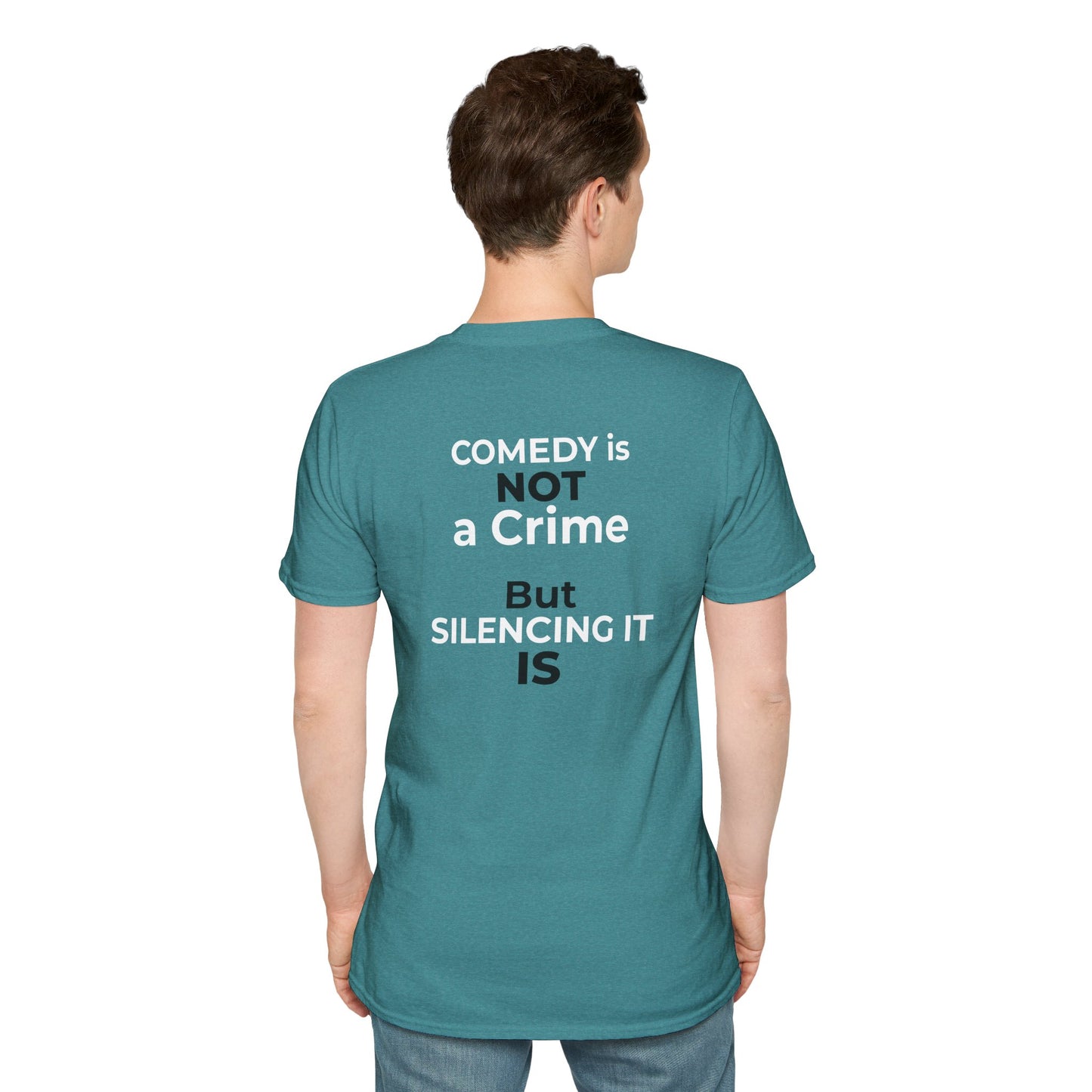 Stephen Colbert Shirt – Comedy Is Not a Crime Political T-Shirt — Heather Galapagos Blue