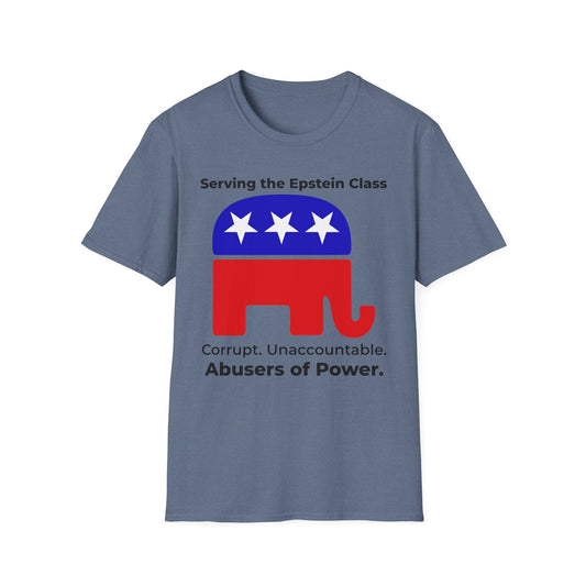 Political Accountability Statement T-Shirt – Serving the Elite Class – Heather Indigo