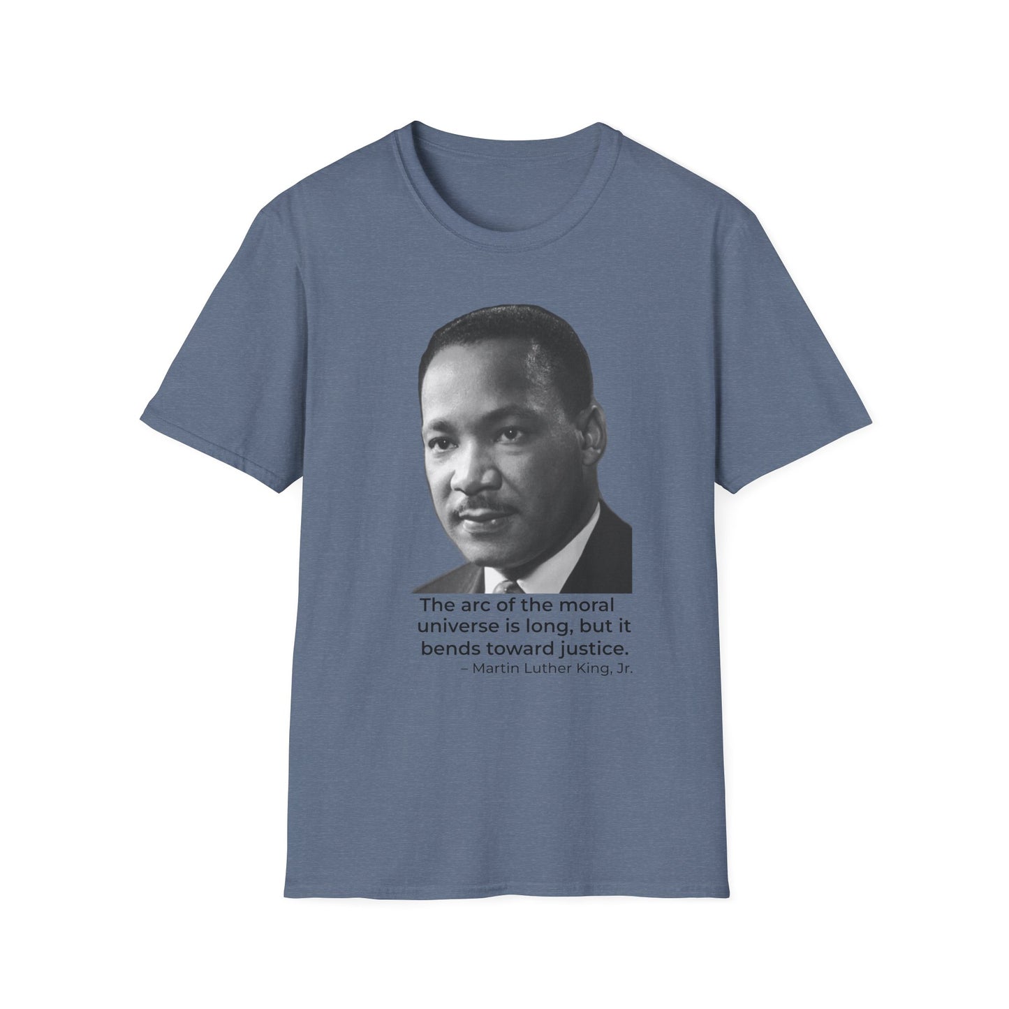 Martin Luther King Jr. Moral Arc Quote Tee – Justice Portrait Shirt (Heather Indigo)
