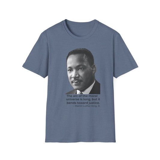 Martin Luther King Jr. Moral Arc Quote Tee – Justice Portrait Shirt (Heather Indigo)