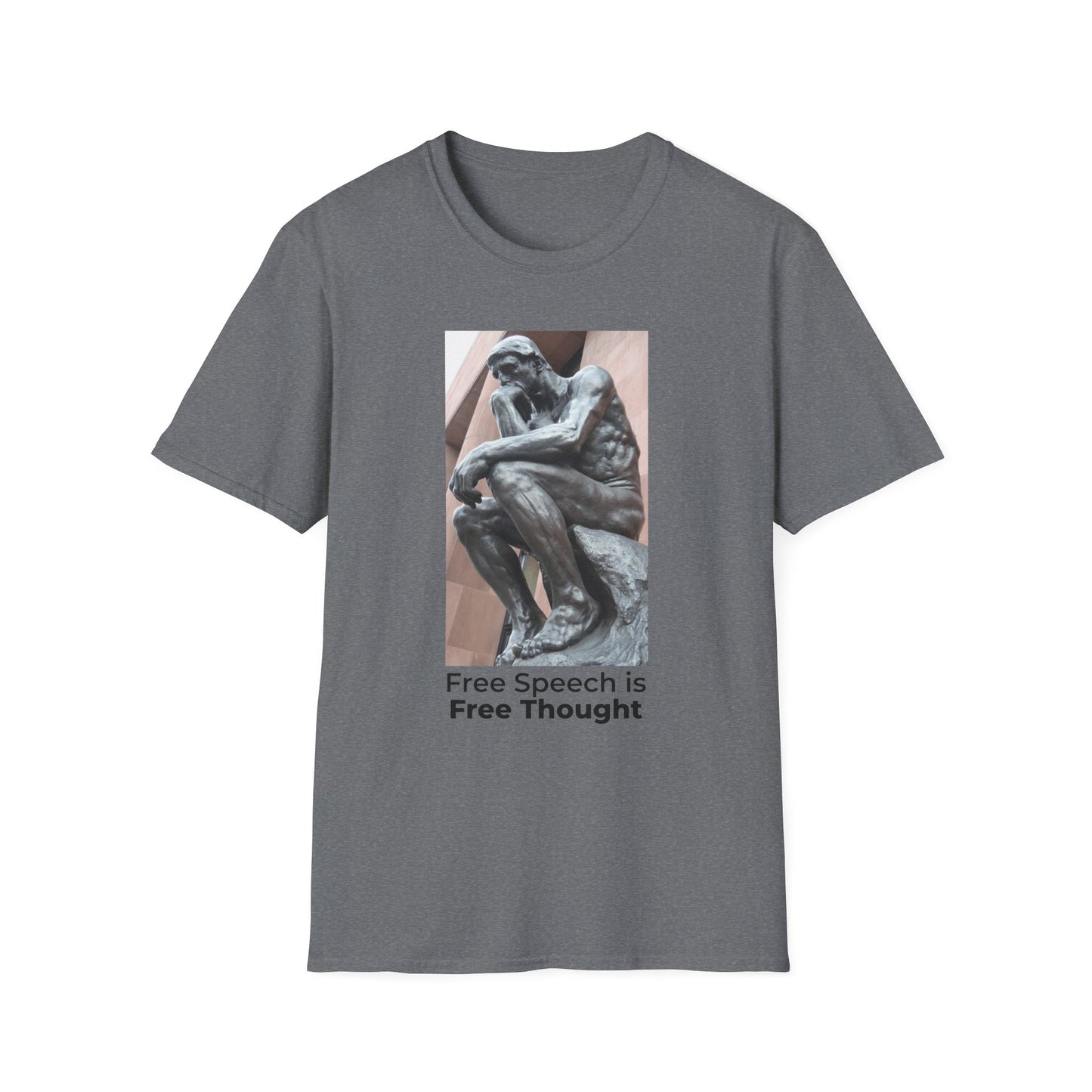 The Thinker Free Speech T-Shirt – Free Thought First Amendment Tee – Profile View – Graphite Heather