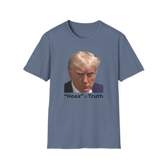 “Hoax” is Truth – Two-Sided Political Statement T-Shirt – Heather Indigo