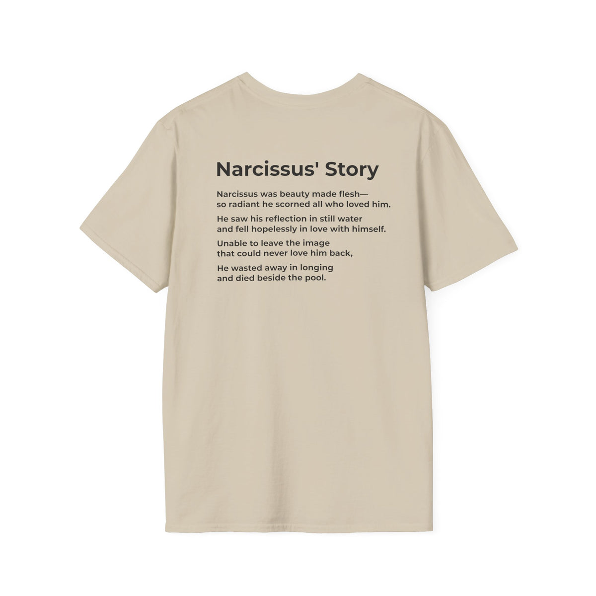 An Ugly American & Modern-Day Narcissus T-Shirt – Two-Sided Political Satire Tee – Sand