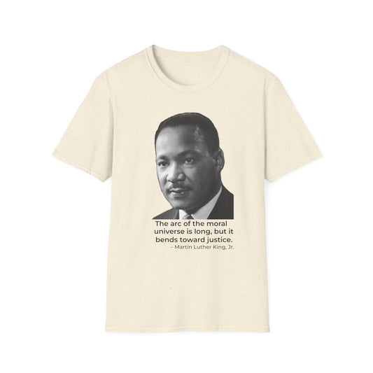 Martin Luther King Jr. Moral Arc Quote Tee – Justice Portrait Shirt (Natural)