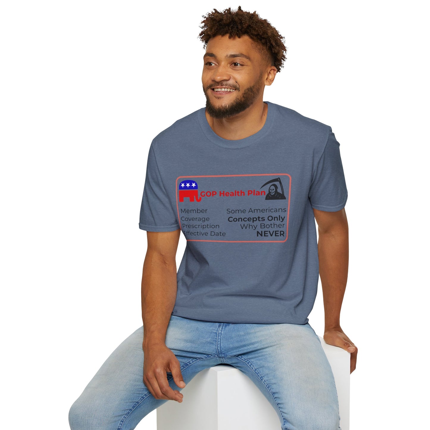 Political Health Plan Satire Insurance Card T-Shirt – Heather Indigo