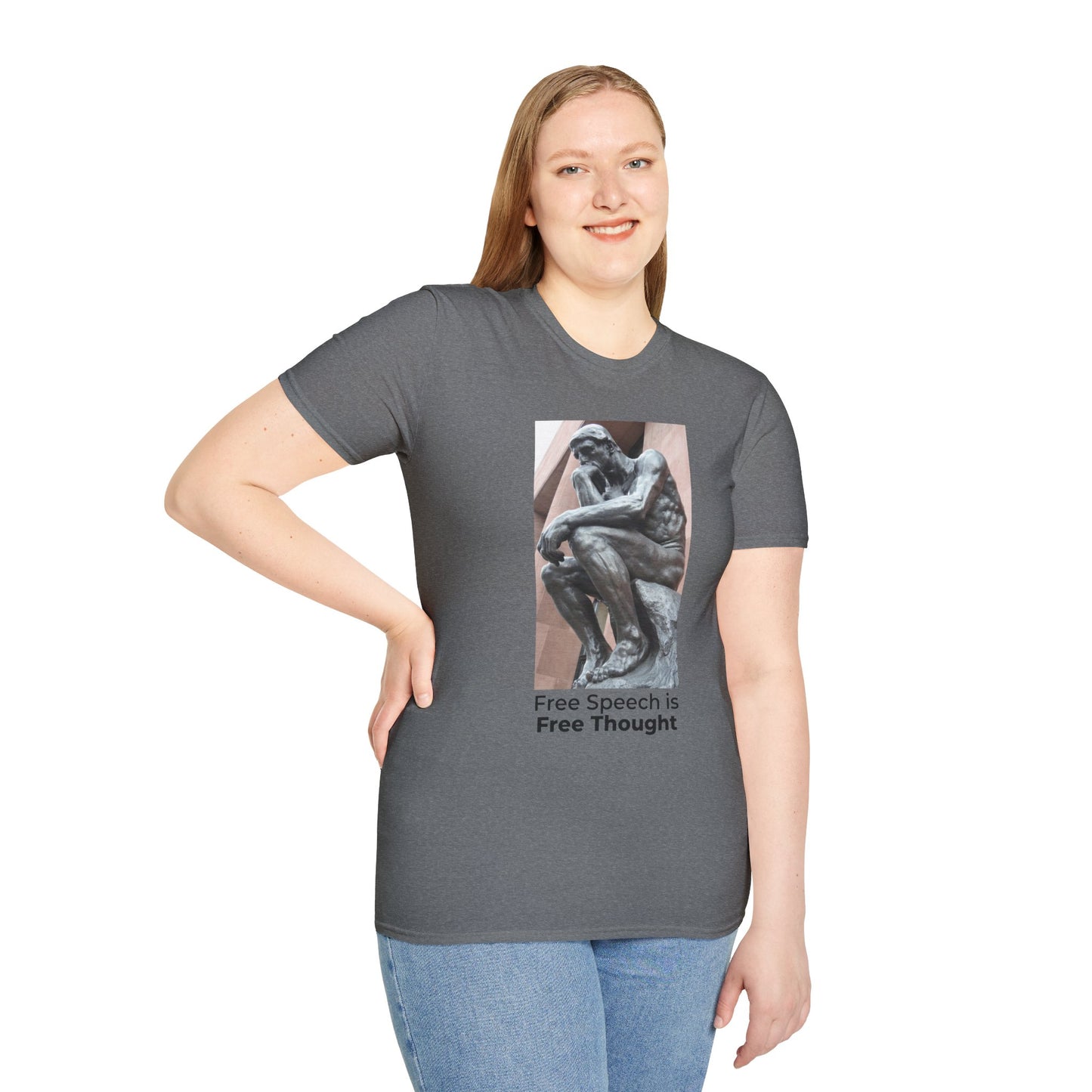 The Thinker Free Speech T-Shirt – Free Thought First Amendment Tee – Profile View – Graphite Heather